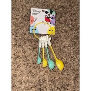 Disney Mickey Mouse Measuring Spoons Set 4 Piece Teal Yellow Glove Handles NEW